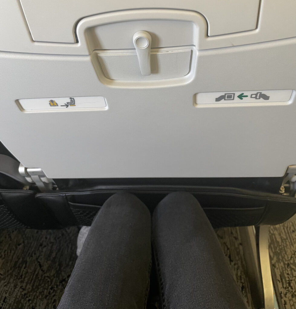 A women's knees are shown quite close to the aircraft seat in front of her.