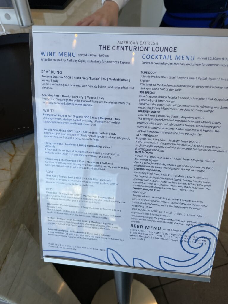 A photo of the lounges food and beverage menu.