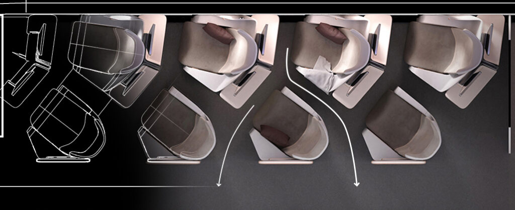 Looking down on the seat configuration of 8 Access business class seats. Arrows show the different ways each seat access the aisle without disturbing other passengers.