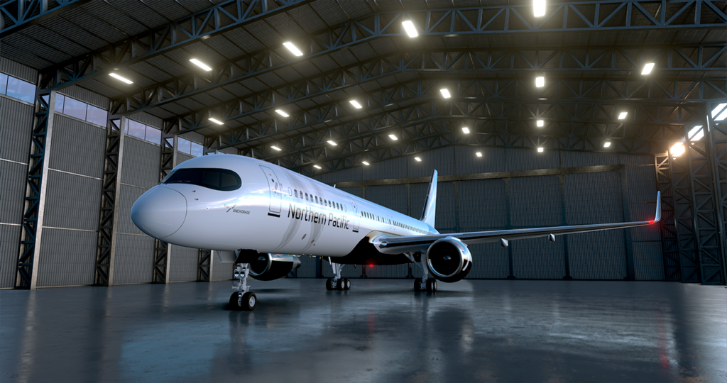 Front angle image of a Northern Pacific Airways aircraft parked in a hanger.