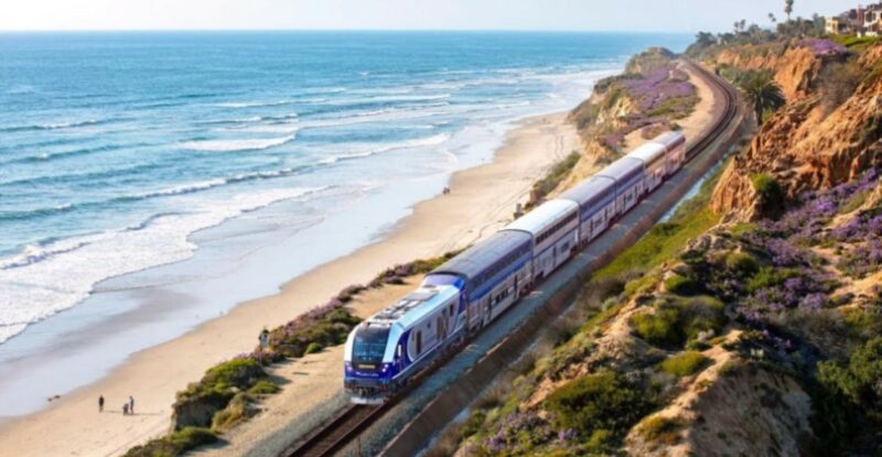 LOSSAN train passing by an ocean and beach to one side while the other side shows cascading tree lines.