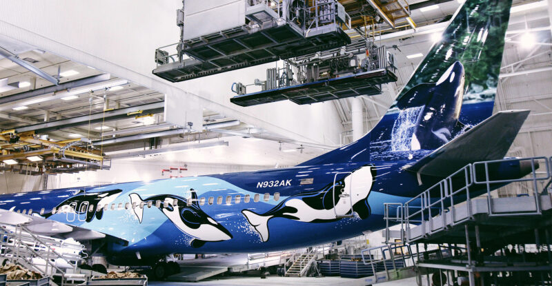 Alaska Airlines Orca livery is seen here on the aircraft in the hanger. Image: Teague