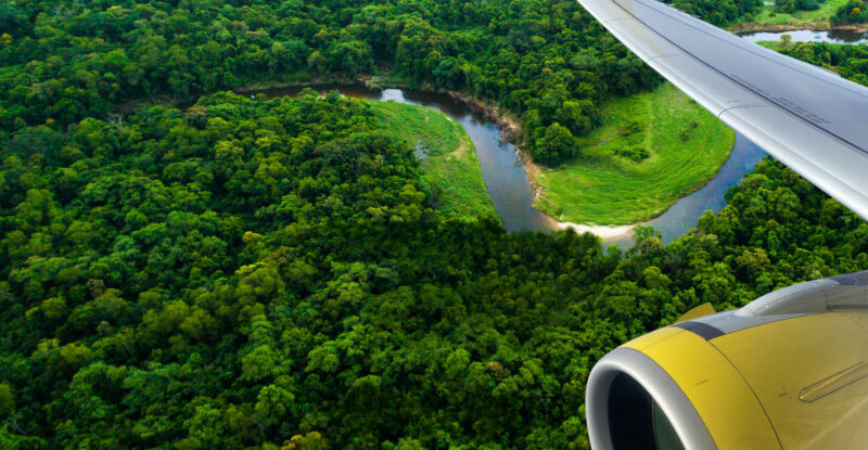 Ariel shot showing Atlantic Forest in Brazil, Mata Atlantic. Part of the aircraft engine is in the image as well.