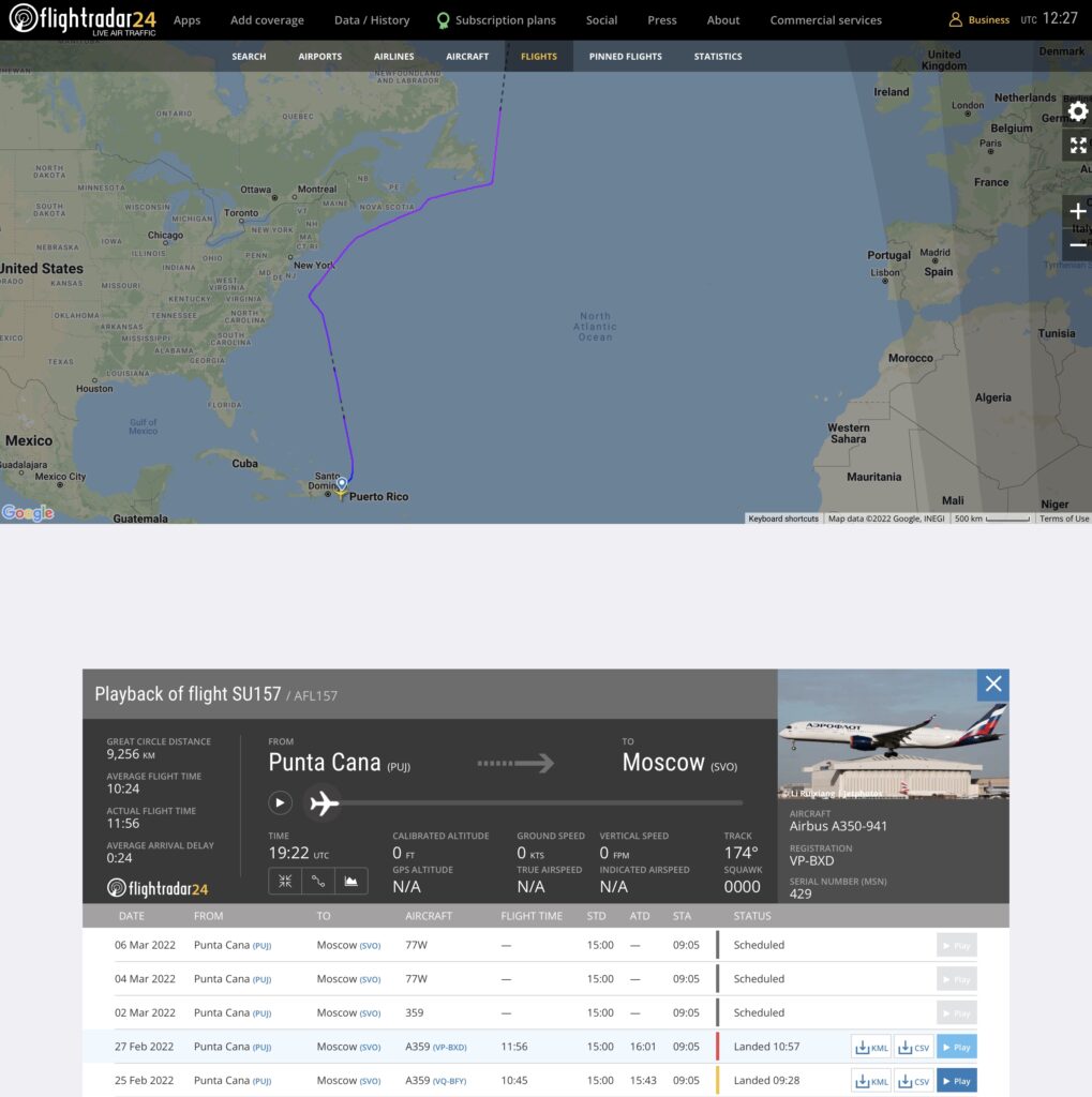 FlightRadar24 map showing SU157 route around Canadian airspace from Punta Cana to Russia