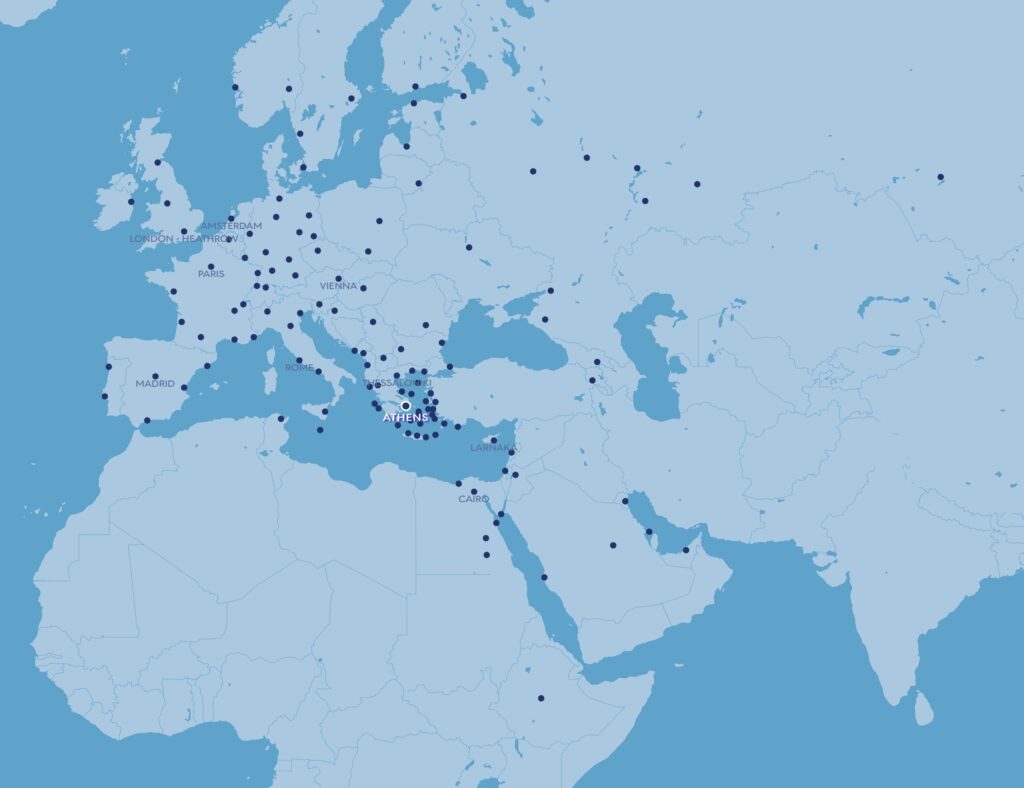 A computerized map, in two tones of blue, with little dark blue dots showing points of the network