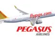 Pegasus aircraft is displayed on a white backdrop. The aircraft is mostly white with a red "FLYPGS.COM" on the site and a yellow tail with a red stripe. The words "PEGASUS Airlines" are below it.