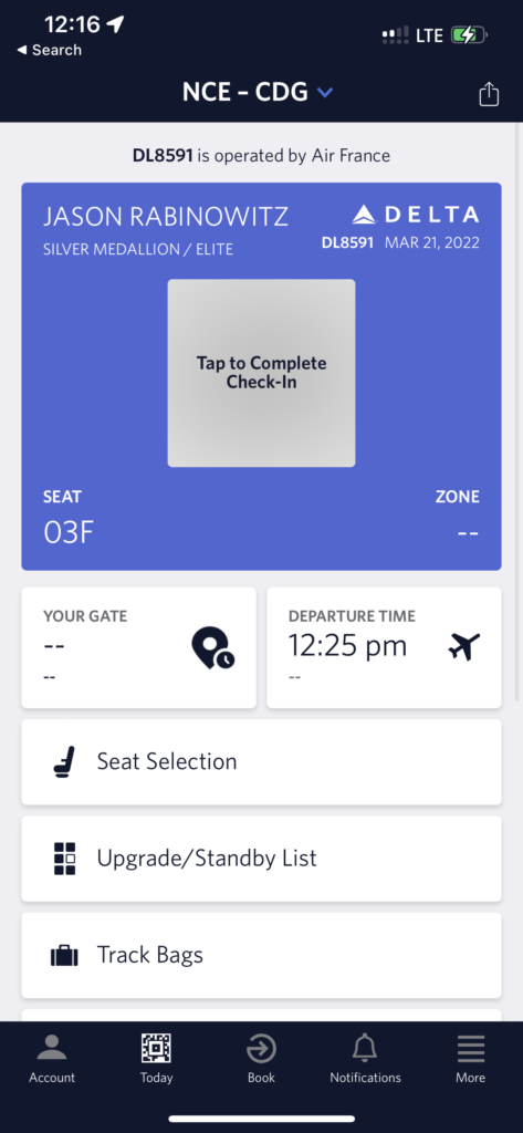 Air France app displaying a passengers boarding pass. 