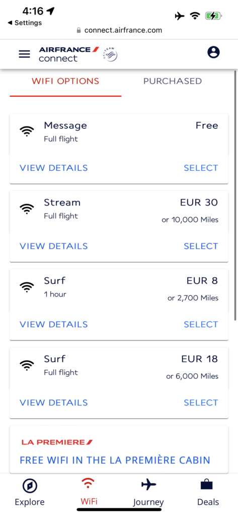 Capture d'écran des forfaits wifi proposés à bord avec Air France.