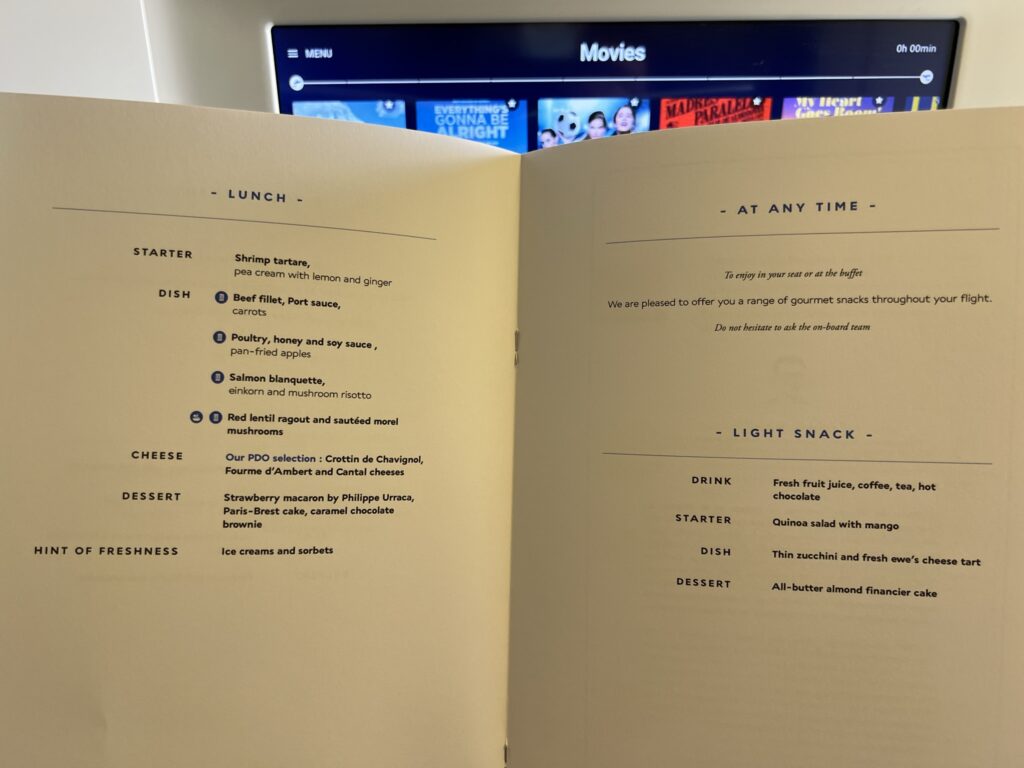 Carte de menu Classe Affaires Air France.