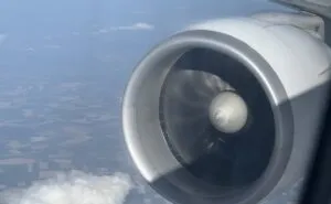 A view from Air France Boeing 777-300ER aircraft window during takeoff