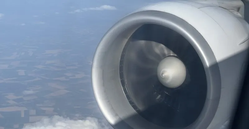A view from Air France Boeing 777-300ER aircraft window during takeoff