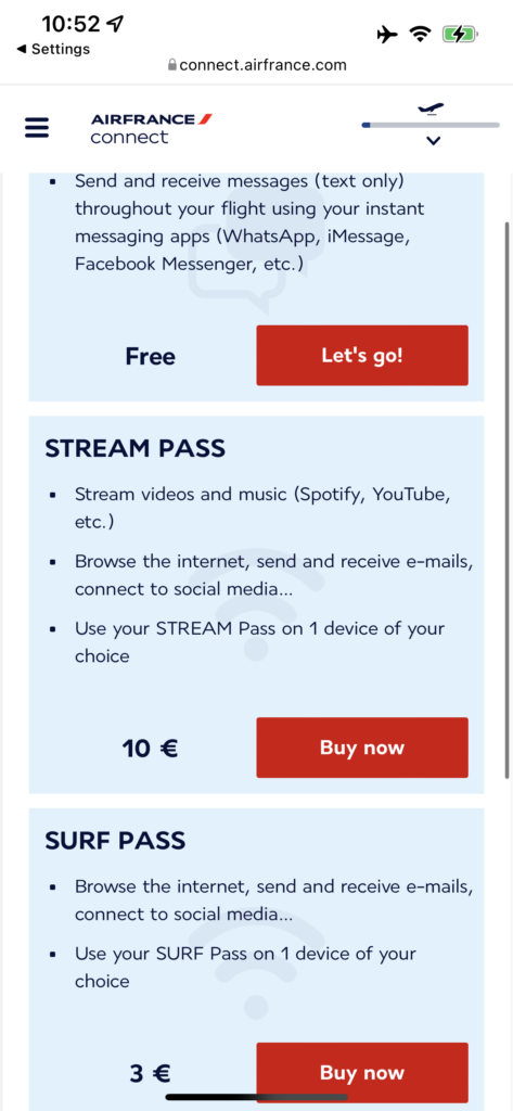 Air France WiFi packages are listed.