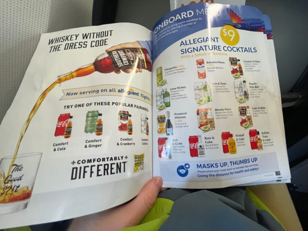 Buy-on-board menu for Allegiant showing the various beverages.