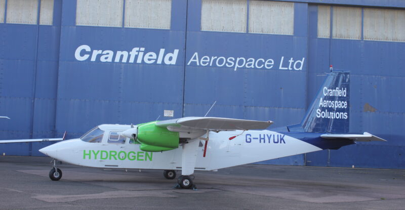 Cranfield Hydrogen aircraft is parked outside the Cranfield Aerospace LTD. hanger.