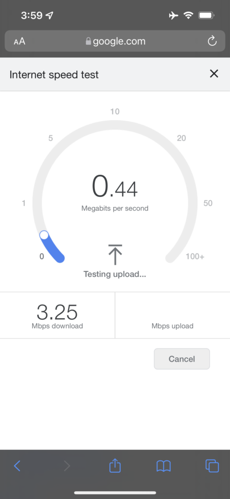 Internet speed test showing a 3.25 Mbps download speed.