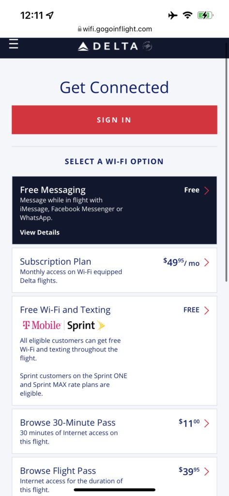 A screenshot of the different tiers of Wi-Fi and pricing offered by Delta 