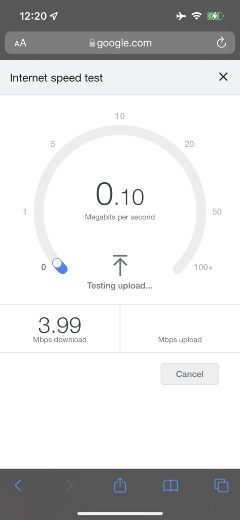 Screen shot of an Internet speed test, showing a 0.10 Mbps upload.