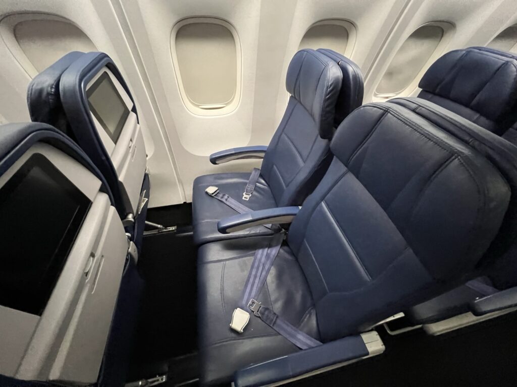 Delta Air Lines Boeing 767-300ER cabin interior. A set of two seats are shown in blue covers, with seatback IFE visible