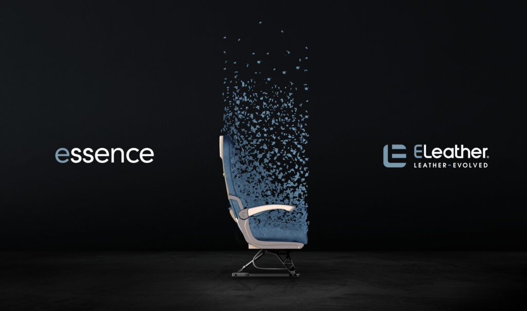 An aircraft seat is displayed on a black background with blue particles flying up from it. This is a concept image from ELeather Essence for Crystal Cabin Awards Shortlist