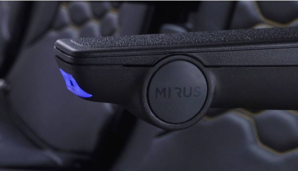 Armrest on Mirus' latest generation Hawk seat, with the word Mirus embossed on it