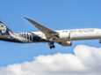 This image is of an Air New Zealand Boeing 787-9 arriving into Perth's international airport after a long flight from Auckland airport. The Boeing 787 Dreamliner is an American long-haul, mid-size wide-body, twin-engine jet airliner manufactured by Boeing Commercial Airplanes. Its variants seat 242 to 335 passengers in typical three-class seating configurations. It is the first airliner with an airframe constructed primarily of composite materials. The 787 was designed to be 20% more fuel-efficient than the Boeing 767, which it was intended to replace. The 787 Dreamliner's distinguishing features include mostly electrical flight systems, raked wingtips, and noise-reducing chevrons on its engine nacelles.
