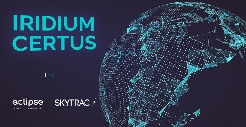 The words Iridium Certus is next to a conceptual connectivity graphic of the earth. Image: SKYTRAC