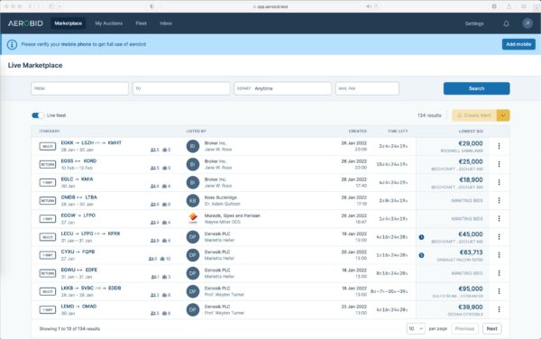 The AeroBid ‘Live Marketplace’.
