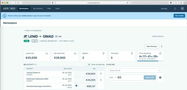 Second operator bid placement page.