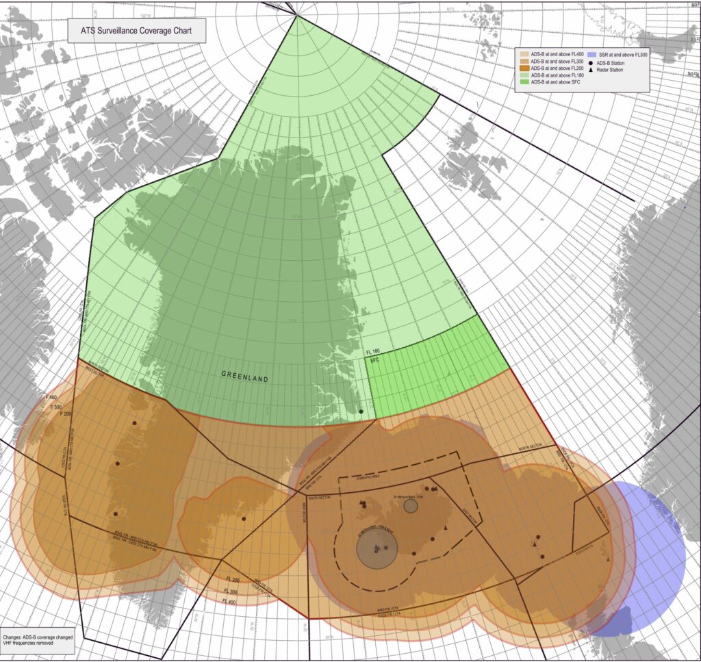 Isavia ANS’s AIP showing its area with full space-based ADS-B surveillance coverage for the first time.