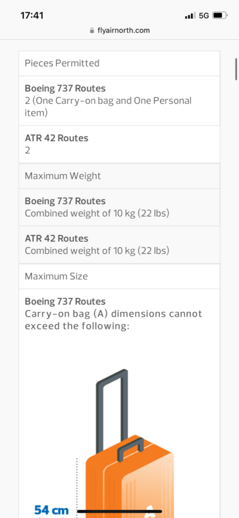 Screenshot of the luggage policy on Air North.