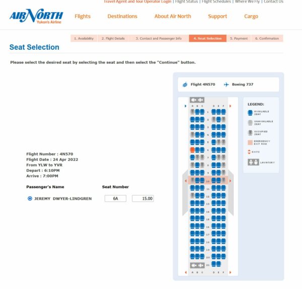 Screenshot of Air North seat selection page during booking. 