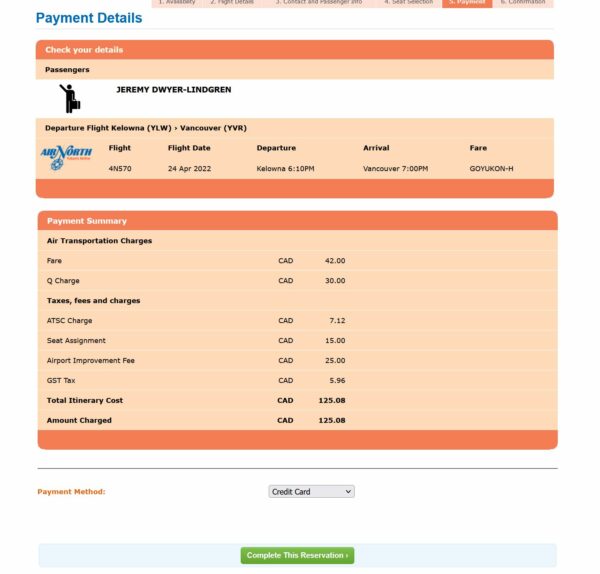 Screenshot of Air North booking page