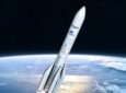 Ariane 64 rocket for Amazon launching over earth.