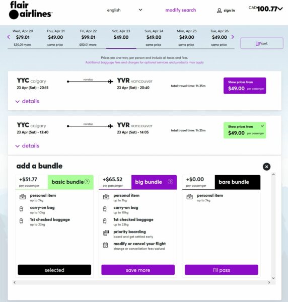 Flair Airline bundles offered at point of ticket purchase.