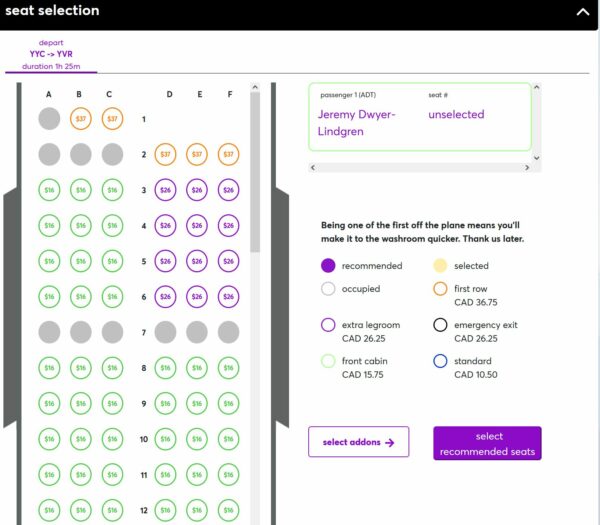 Flair Airlines seating map and selection during ticket purchase.