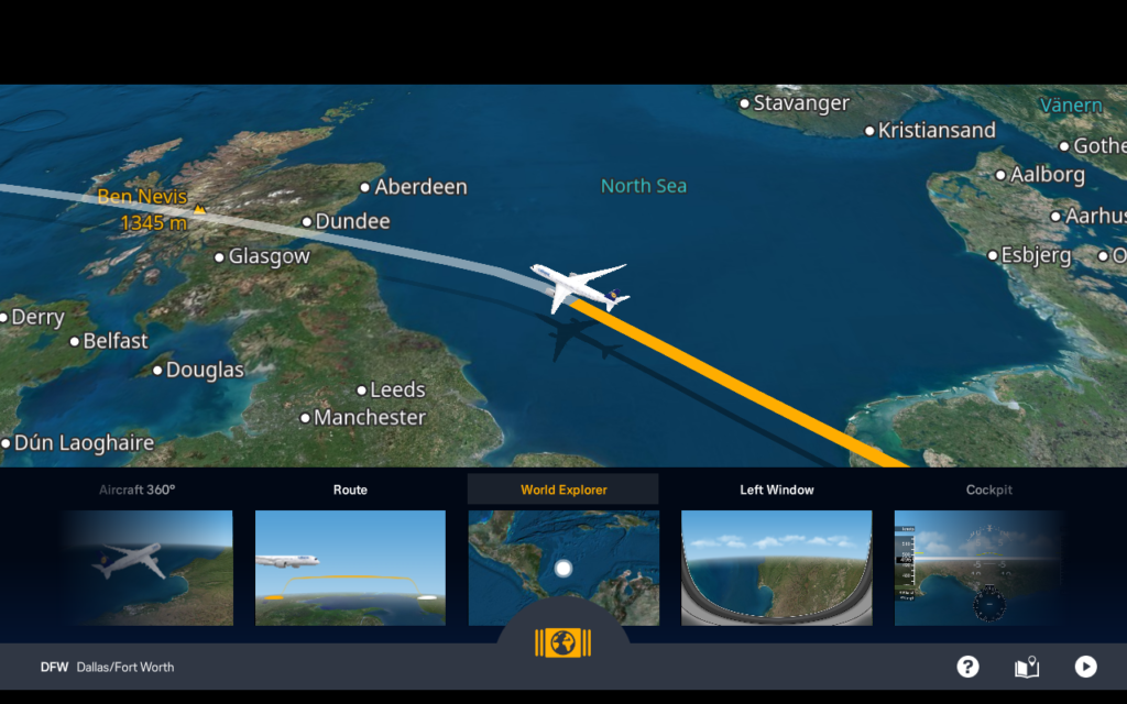 An IFE screen is show the FlightPath3D moving map and the different ways in which one can view it. The current view is a digital rendering of the aircraft from above it. But other views include through the window, and cockpit.