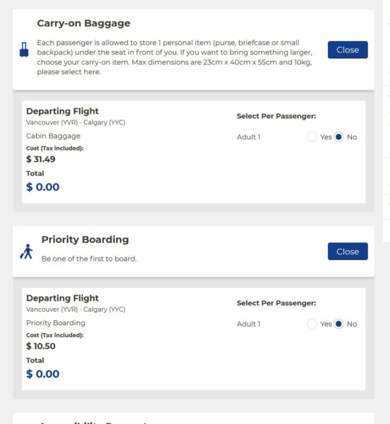 Screenshot of Lynx Air's website showing carry-on baggage fees.