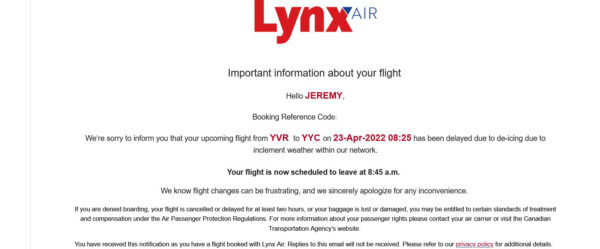 Lynx Air email regarding brief delay