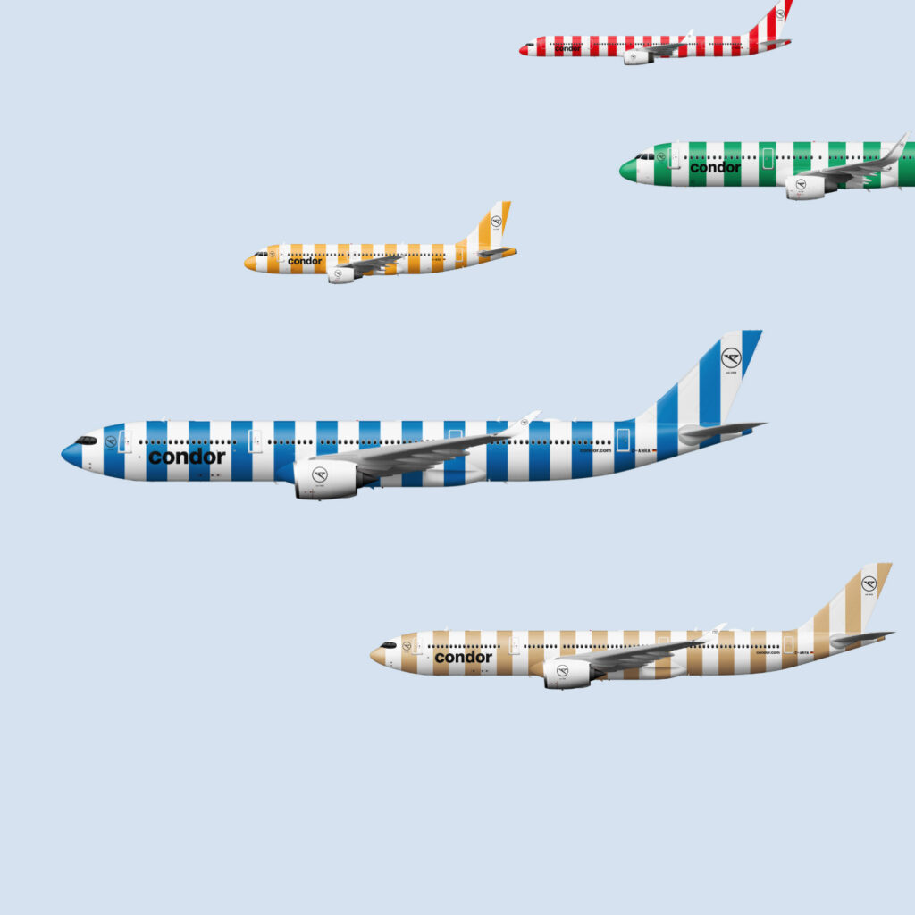 Five Condor aircrafts are inflight. Each aircraft has a different color of striped livery. There is blue, yellow, beige, green and red stiped liveries.