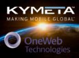 Kymeta and OneWeb logos are layered over an image of the earth from space.