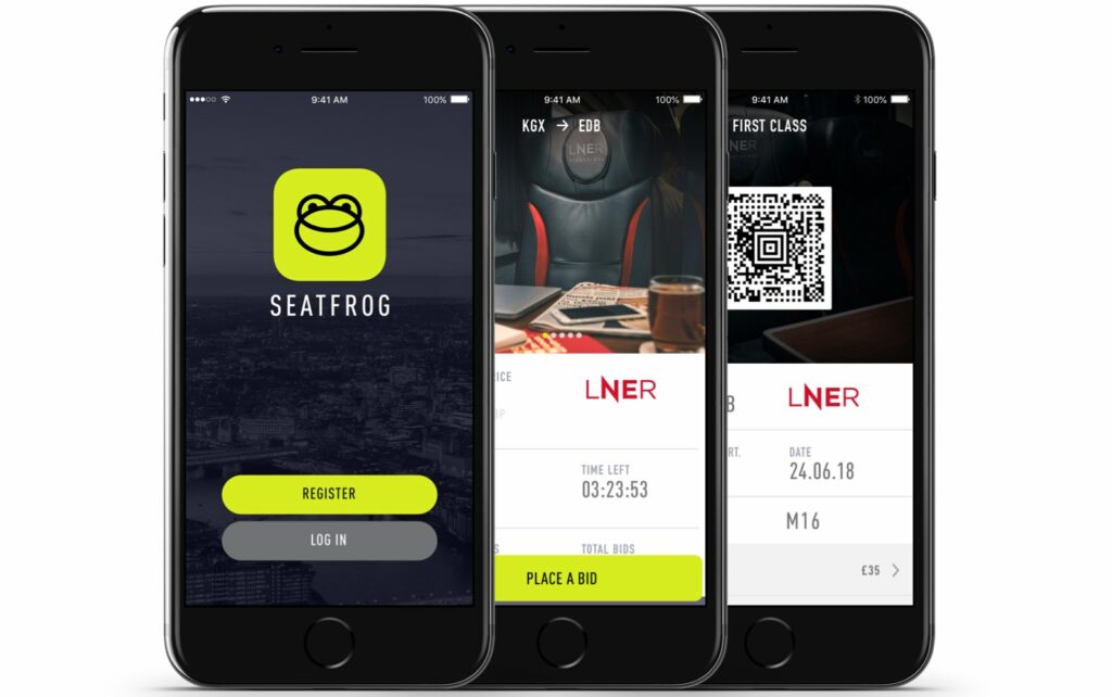 3 mobile devices are displaying 2 different pages of the Seatfrog app.