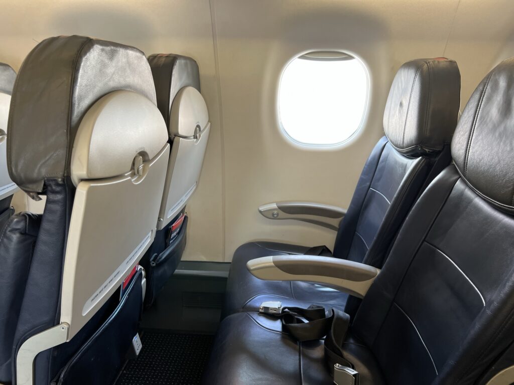 Republic E175 aircraft, operating as American Eagle, with seats in pairs. The seats are blue with grey details such as tray table and armrest.