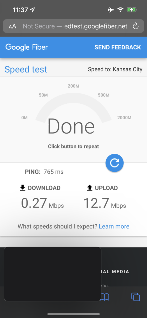 Screenshot of Wi-Fi speed test shows .27 Mbps download speed and 12.7 Mbps upload speed.