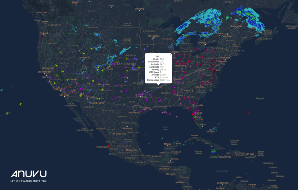 A map of the United States, South America and part of Canada is pictured with different aircraft icons distributed around it. 