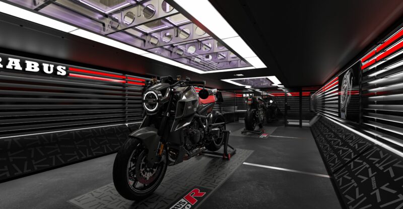 Two motorcycles are stored securely in the BRABUS Adventure Lounge