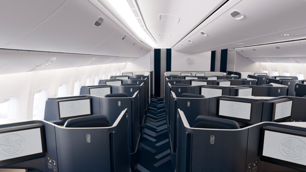 Business Class seats on Air France's Boeing 777-300ER. The cabin is a 1-2-1 configuration of blue seats with blue thermoplastic shells.