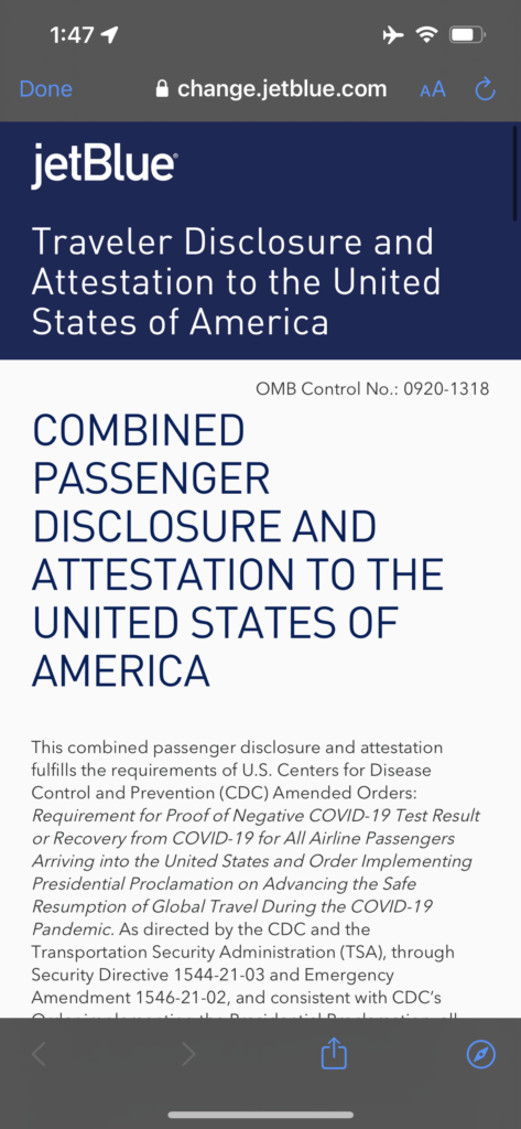 Screenshot of the combined passenger disclosure and attestation to the United States form.