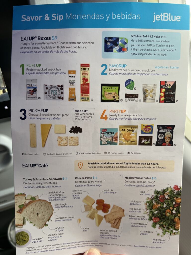 The menu for JetBlue shows a variety of drinks and snacks.