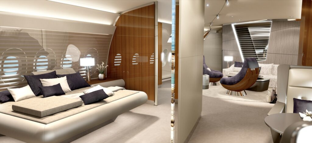 Lufthansa Technik VIP cabin concept with a large King sized bed, with cream bedding and carpet.