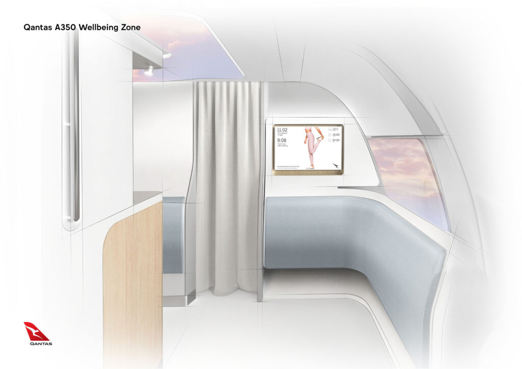 A rendering of the Qantas A350 wellbeing zone on the aircraft.